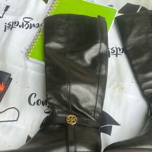Tory Burch Black Leather Tall Riding Boots with Gold Logo